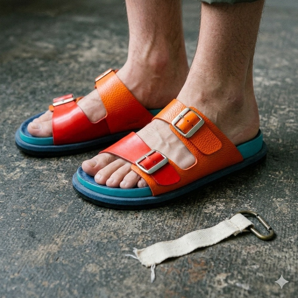 N.Hoolywood Mens‎ Sandals 9.5 Orange Colorblock Buckle Slides Streetwear Japan